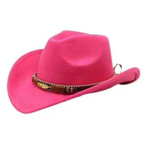 Vibrant pink western cowboy wool felt hat featuring metal feather band, stylish unisex fashion item.