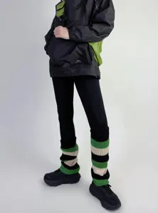 Chauffe-jambes en tricot pour femme noir vert rayé thermique hiver mode chaussettes