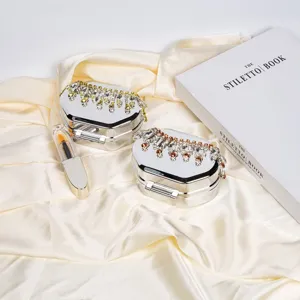 Silver rhinestone crystal fringe mini metal box evening bag, elegant lipstick storage case.