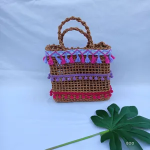Bolso de playa de paja bohemio para mujer bolsa de mano tejida de verano con borlas