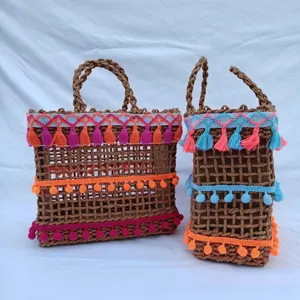 Bolso de playa de paja bohemio con borlas coloridas y pompones bolso tejido de verano