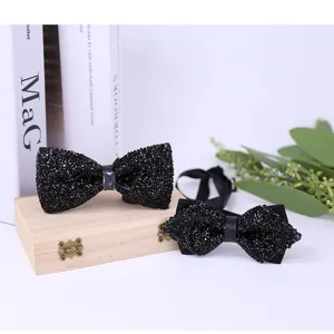 Black crystal bow tie set for men wedding groom tuxedo stylish sparkling rhinestone accessory