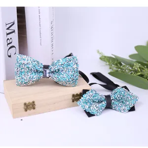 Blue silver rhinestone bowtie set for men wedding formal party elegant crystal bow tie accessories
