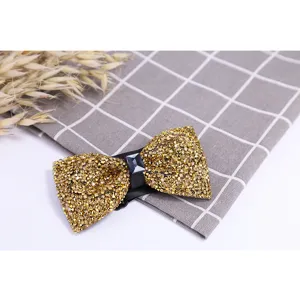 Gold rhinestone bow tie for men, sparkling crystal wedding groom formal suit accessory.
