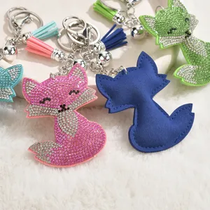 Crystal rhinestone fox keychain with tassel, cute bag pendant accessory for women and girls.