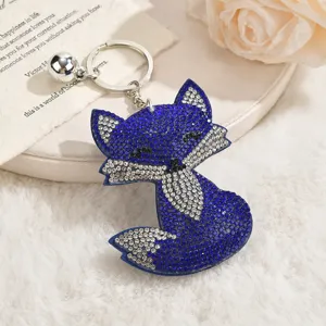 Cute blue rhinestone fox keychain bag charm with glittering crystals and sturdy metal ring for car keys.