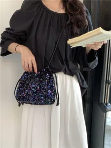 Sac seau bandoulière à sequins scintillants pour femme, sac porté épaule souple avec cordon.