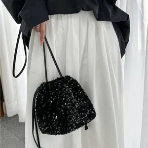 Sac Bandoulière Seau Paillettes Brillant Femme Noir Cordon Plissé Sac Épaule Tendance Mode