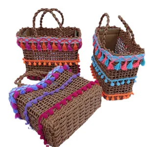 Bolso de Hombro Tejido de Playa de Verano Bohemio Mujeres Bolso de Paja de Papel Calado Borla Viaje Vacaciones Tote