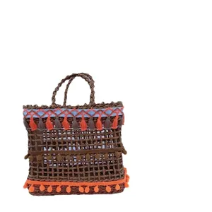 Bolso de playa de paja tejida boho mujer verano hueco bolso de hombro borlas tote