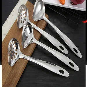 Stainless steel diagonal soup ladle and skimmer set with long handle for kitchen.