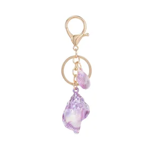 Porte-clés coquillage en acrylique violet dégradé mignon pendentif sac métal doré
