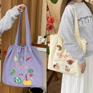 Joli sac cabas en toile avec broderie mignonne, grand sac à épaule de grande capacité.