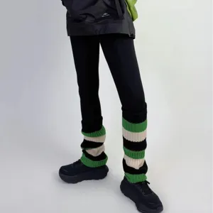Jambières en tricot rayées noir vert chaussettes slouch automne hiver sport pour femme