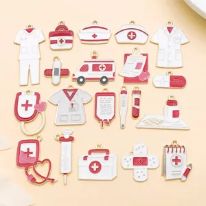 Red and white medical alloy charms DIY enamel pendants nurse hat syringe jewelry accessories