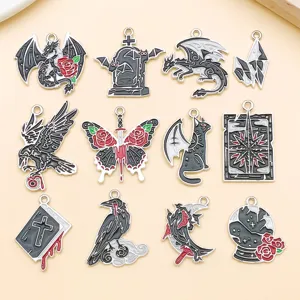 Gothic Punk Halloween Enamel Charms Zinc Alloy Animal Bat Raven Dragon Book Pendants For DIY Earring Keychain Jewelry Making Accessories