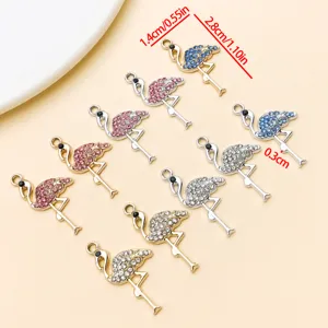 Détails pendentif flamand rose en métal strass, charm mignon pour fabrication bijoux collier DIY.