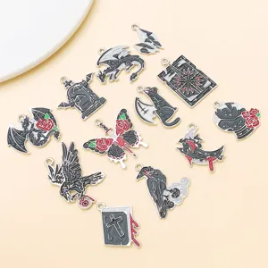 Gothic punk alloy enamel charms set including bat raven dragon and butterfly pendants for DIY jewelry.