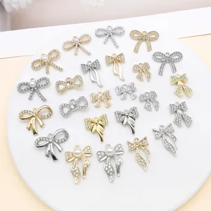 Zinc Alloy Bowknot Charms With Rhinestone Artificial Pearl Lightweight Hollow Out Bow Pendants For DIY Jewelry Bracelet Necklace Making Accessories