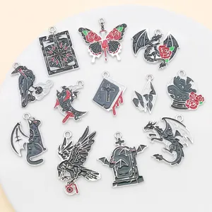 Gothic punk enamel charms set, alloy dark bat and dragon pendant details for DIY jewelry.