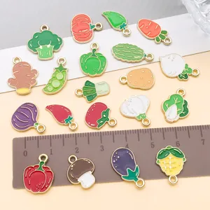 Cute enamel vegetable charms set, metal broccoli and mushroom pendants for DIY jewelry making.