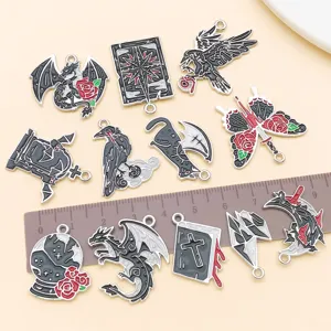 Gothic Halloween punk alloy charms set, dark style bat raven dragon enamel pendants for jewelry making.