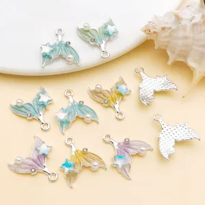 Exquisite 18x16mm gradient enamel mermaid tail alloy pendants with pearls and rhinestones DIY charms.