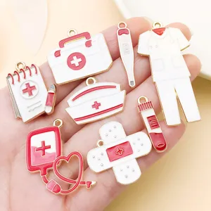 Medical enamel alloy charms set DIY jewelry accessories detail view featuring cute nurse theme pendants