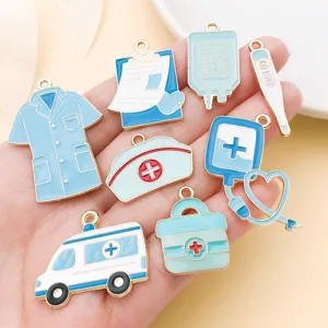 Blue medical enamel charms DIY alloy jewelry pendants doctor nurse stethoscope parts