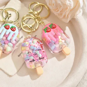 Cute strawberry ice cream keychain with liquid quicksand beads, perfect bag pendant gift.