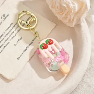 Cute strawberry ice cream keychain quicksand liquid bag pendant charm cute gift for women