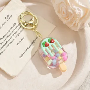 Cute strawberry ice cream popsicle quicksand keychain bag charm for women and girls gift