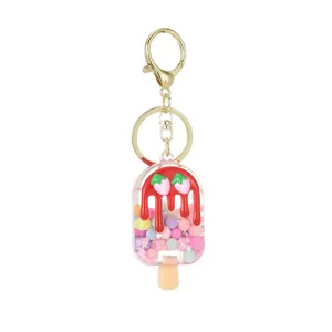 Cute strawberry popsicle keychain with quicksand charm, lovely bag accessory for girls.