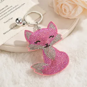 Cute Cartoon Fox Keychain Rhinestone Inlaid Artificial Leather Key Ring For Women Bag Car Pendant Jewelry Accessary Gift