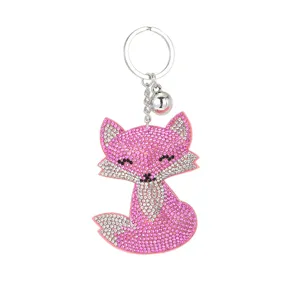 Cute pink rhinestone fox keychain with metal ring and bell pendant, stylish bag charm.