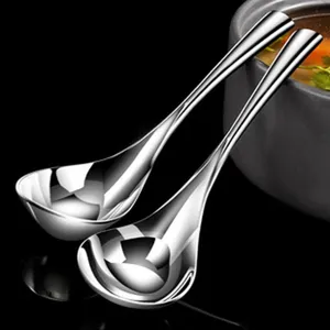 Stainless steel serving spoons, long handle restaurant dinner spoons, polished tableware set.