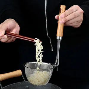 Stainless steel noodle strainer with wooden handle, durable kitchen colander for cooking and draining.