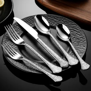 Embossed 304 Stainless Steel Hammered Dinner Spoon Fork Tableware Cutlery Set For Home Kitchen