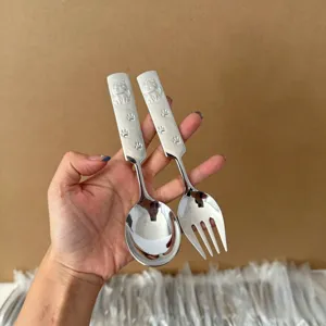 Korean Style Embossed Cartoon Cat Stainless Steel Children Spoon And Fork Portable Cute Baby Dining Tableware