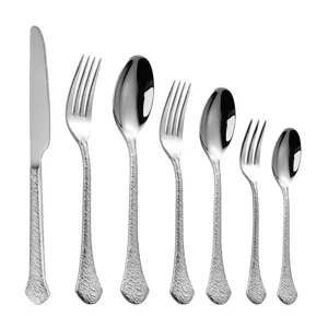 Stainless steel flatware set with hammered handles, includes dinner knife fork and spoon.