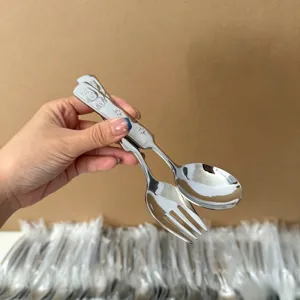 Korean embossed cat cartoon children stainless steel spoon and fork set for baby eating use