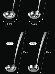 Stainless steel hammered hot pot soup ladle and slotted spoon set, 26cm long with 7.5cm bowl.