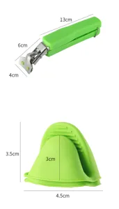 Kitchen anti-scalding bowl gripper and green silicone pad with clear size details.