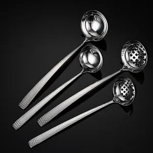 Hammered stainless steel soup and slotted spoon set for kitchen hot pot cooking.