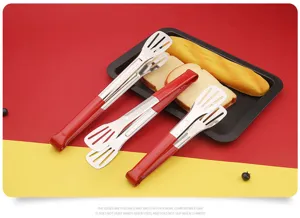 Stainless steel food tongs kitchen barbecue steak bread clip with red ergonomic handle.