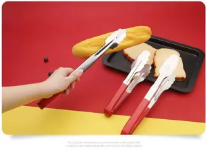 Stainless steel food tong with red rubber handle for kitchen, BBQ and bread, durable.
