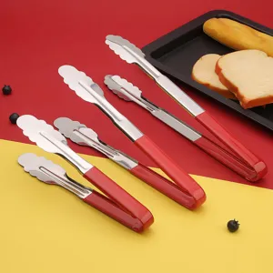 Stainless Steel Food Tongs Kitchen Cooking BBQ Bread Clip Thickened Red Anti Scald Handle Utility Cooking Tool