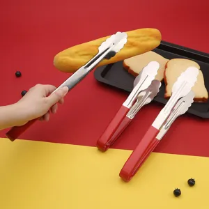 Stainless steel food tongs with red rubber handle kitchen BBQ bread steak grilling tools set
