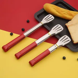 Stainless steel food tongs with red handle for kitchen, BBQ, steak, and baking use.