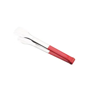 Stainless steel kitchen food tongs with red non-slip handle for barbecue steak and bread.